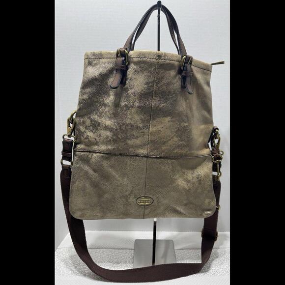 Fossil Handbags - Fossil Explorer Fold Over Tote Leather Bag Bronze Crossbody